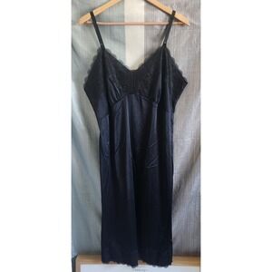 Velrose‎ Vintage Black Lace Trim Full Slip Midi Dress Size 44 Made in USA 360